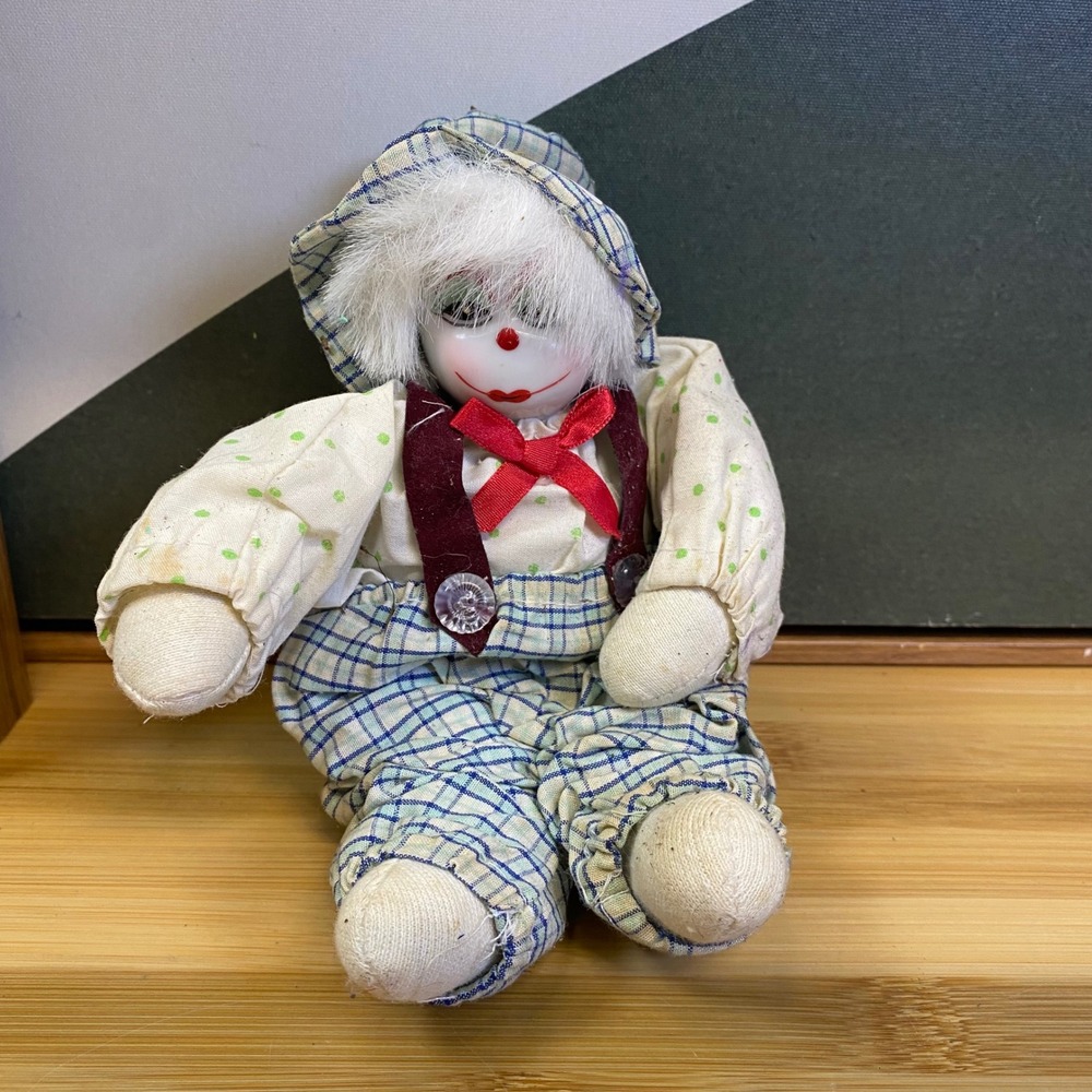 Unbranded Clown Doll Unisex Small Blue Plaid Polka Dot Porcelain Face Vintage